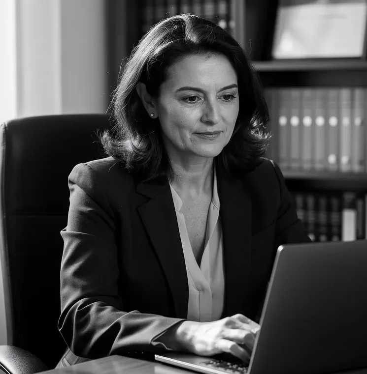 Portrait d'une femme brune souriante d'une quarantaine d'années, travaillant sur son ordinateur portable dans son bureau, illustrant une experte en relations et rencontres chez eDarling.