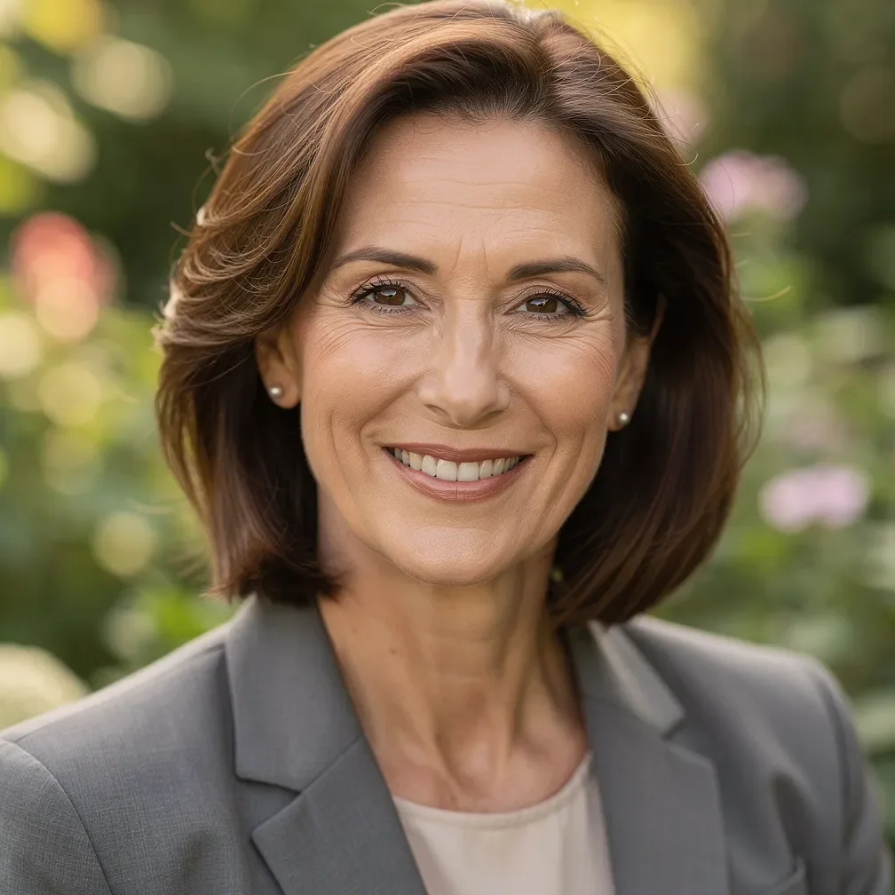 Portrait d'une femme brune souriante d'une cinquantaine d'années dans son jardin, au style professionnel, illustrant une experte en relations et rencontres chez eDarling.