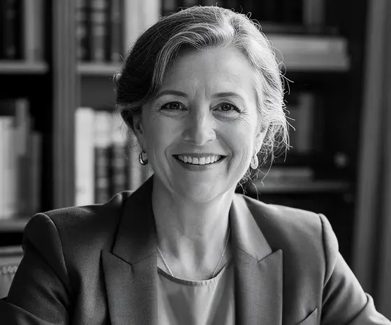 Portrait en noir et blanc d'une femme souriante d'une cinquantaine d'années, portant une tenue professionnelle dans son bureau, illustrant une experte en relations et rencontres chez eDarling.
