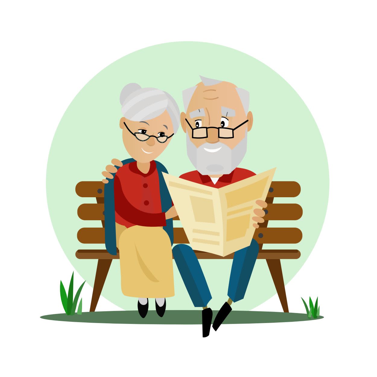 Illustration d’un couple de seniors souriant assis sur un banc, lisant le même journal, symbolisant une rencontre sérieuse, des valeurs communes et une relation durable.