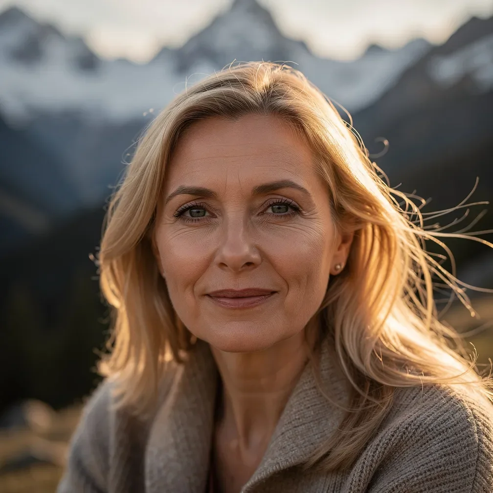 Portrait d'une femme blonde souriante d'une quarantaine d'années, assise en extérieur dans un paysage de montagne, portant une tenue élégante, illustrant une experte en relations et rencontres chez eDarling.